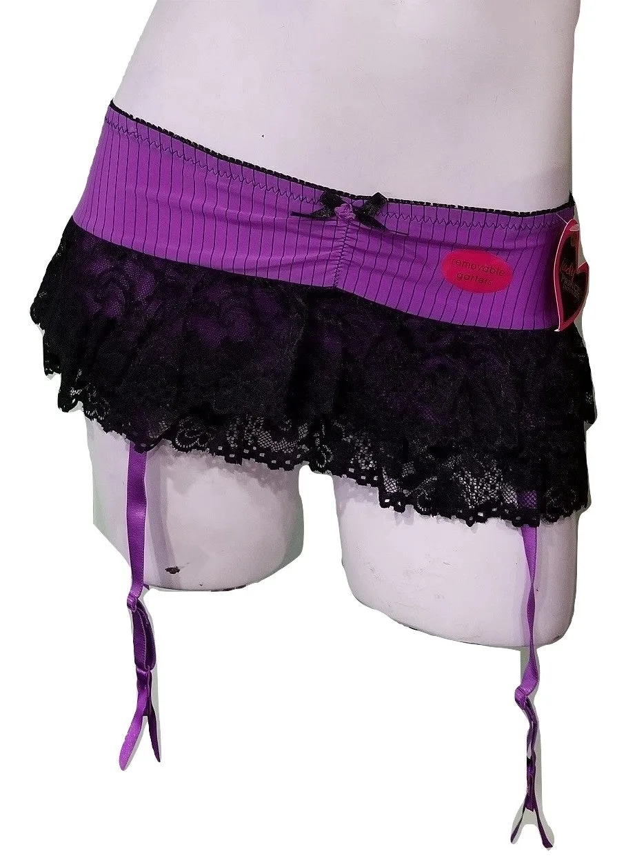 Satiny Purple & Black Mesh Skirted Thong