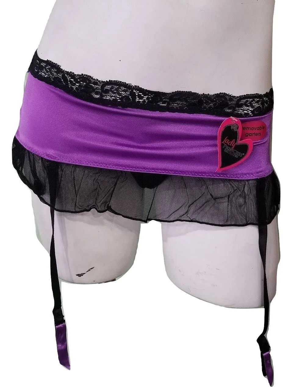 Satiny Purple & Black Mesh Skirted Thong