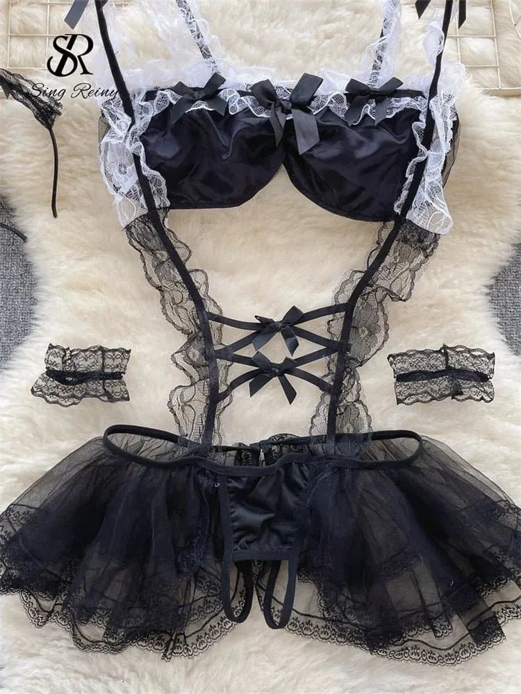 Sheer Lace Erotic Lingerie with Hollow Out Decoration & Patchwork Design