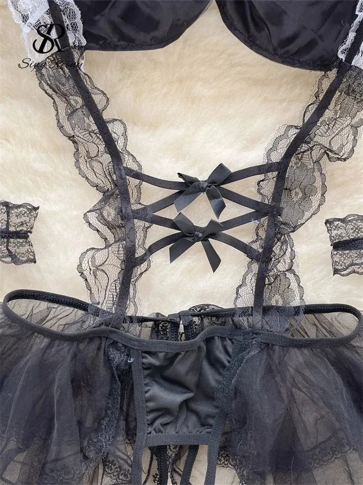 Sheer Lace Erotic Lingerie with Hollow Out Decoration & Patchwork Design