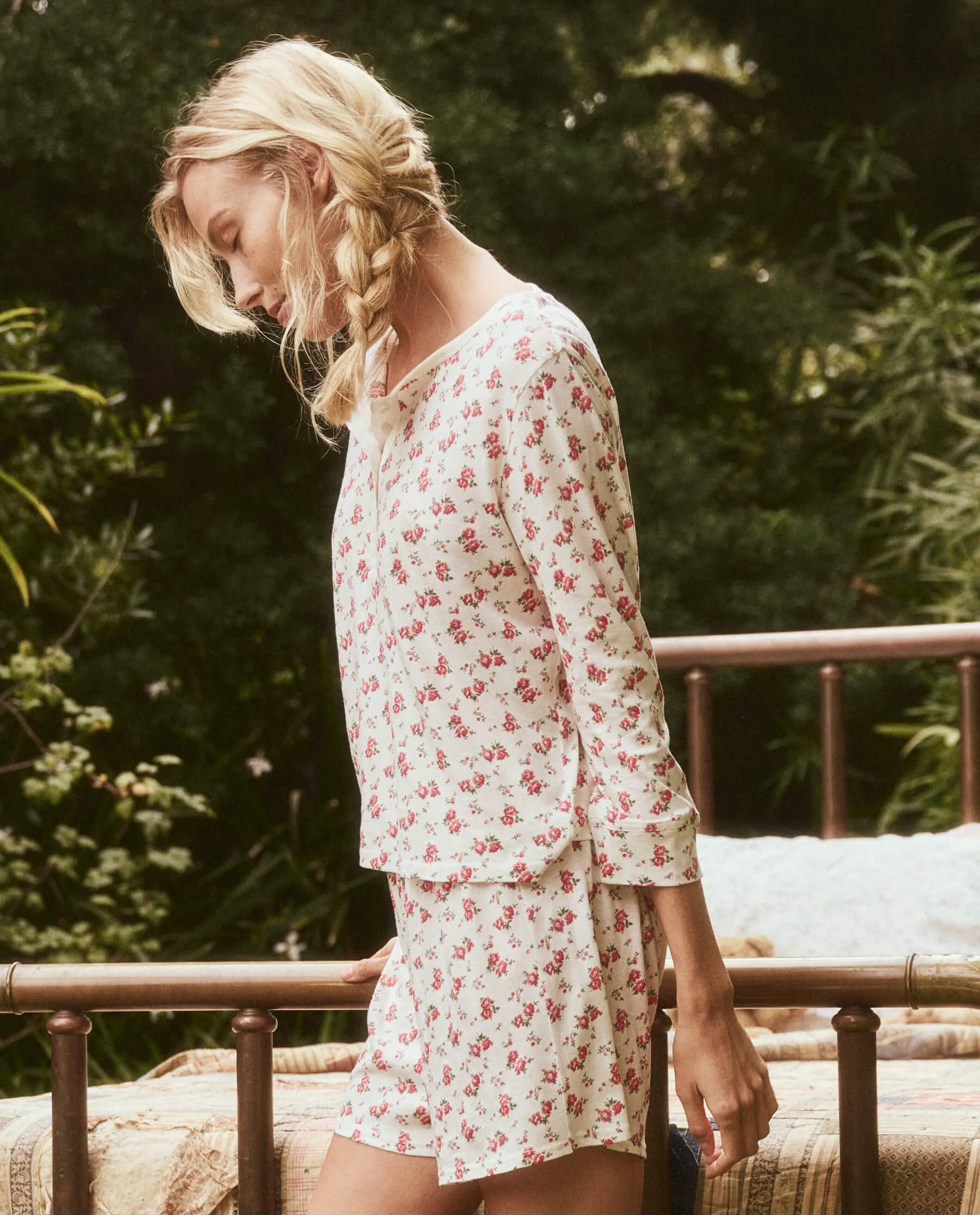 The Crop Sleep Henley. -- Teatime Rose Print