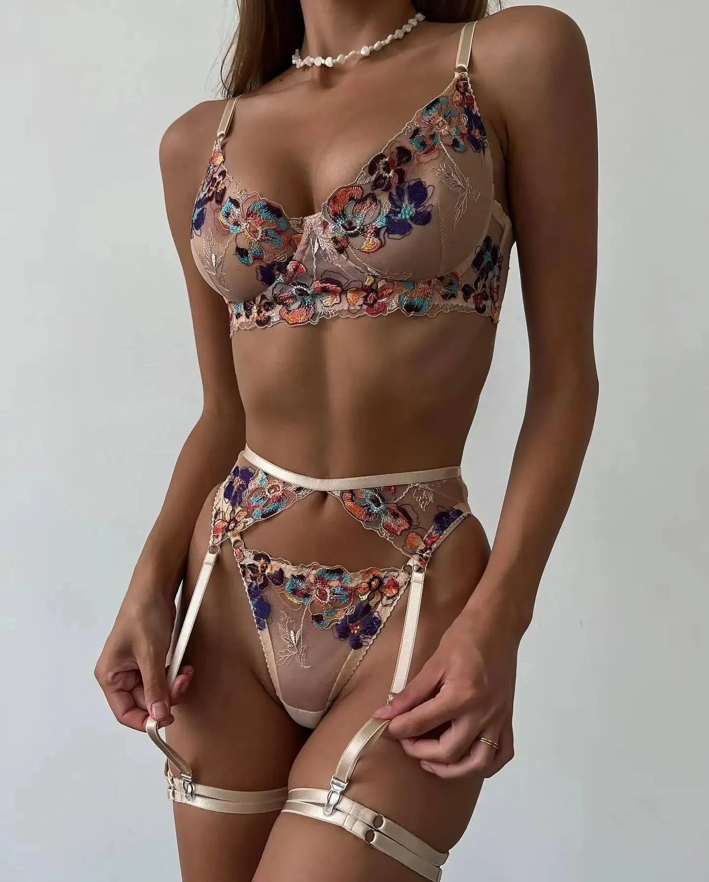 Transparent Lace Bra Set with Panty and Garter - Sexy Floral Lingerie