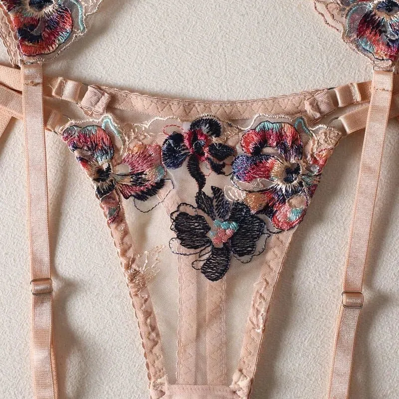 Transparent Lace Bra Set with Panty and Garter - Sexy Floral Lingerie