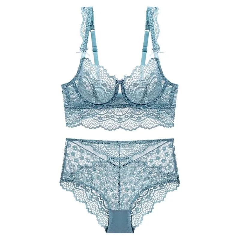 Ultra Thin Transparent Bra and Panties Set with Floral Pattern and Underwire Support