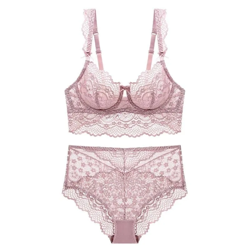 Ultra Thin Transparent Bra and Panties Set with Floral Pattern and Underwire Support