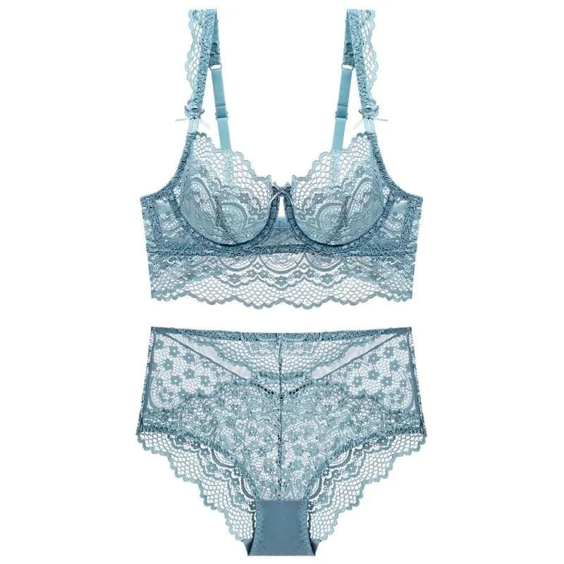 Ultra Thin Transparent Bra and Panties Set with Floral Pattern and Underwire Support