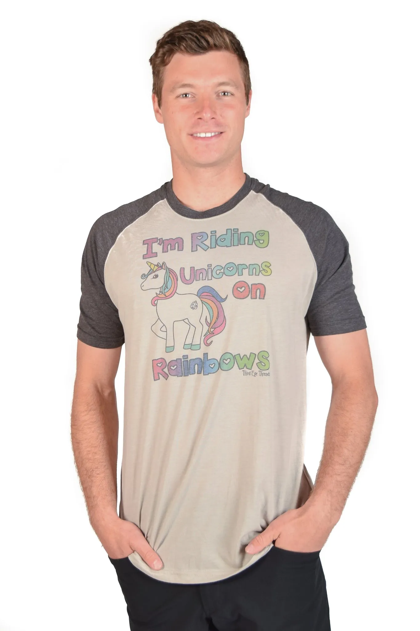 Unicorns On Rainbows Short Sleeve Raglan Tee