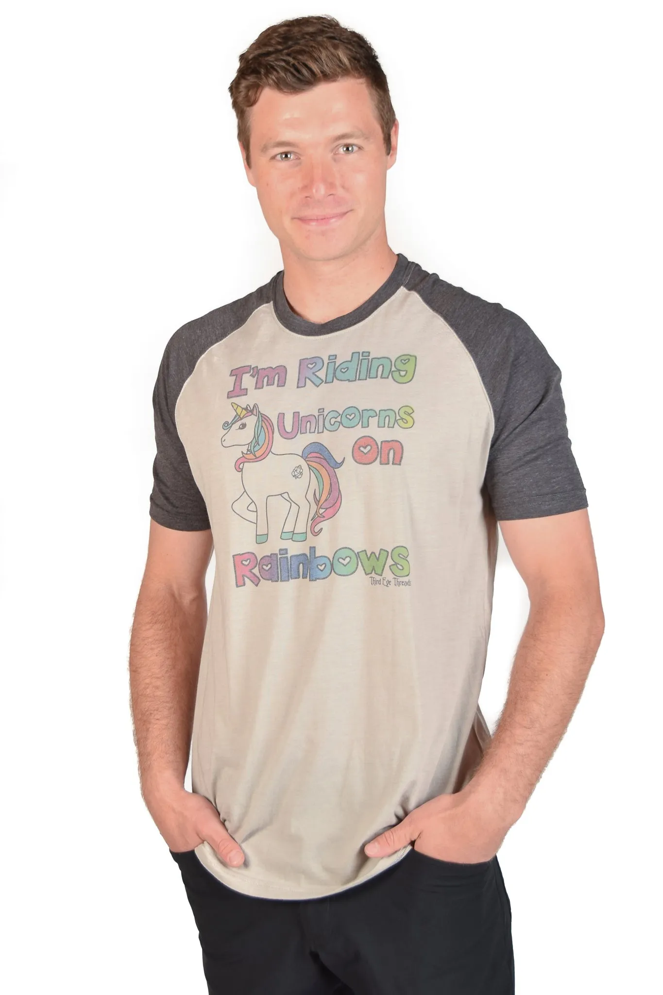 Unicorns On Rainbows Short Sleeve Raglan Tee