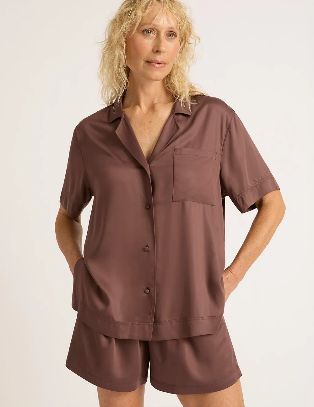 Vegan Silk Short Sleeve Sleep Shirt - Garnet