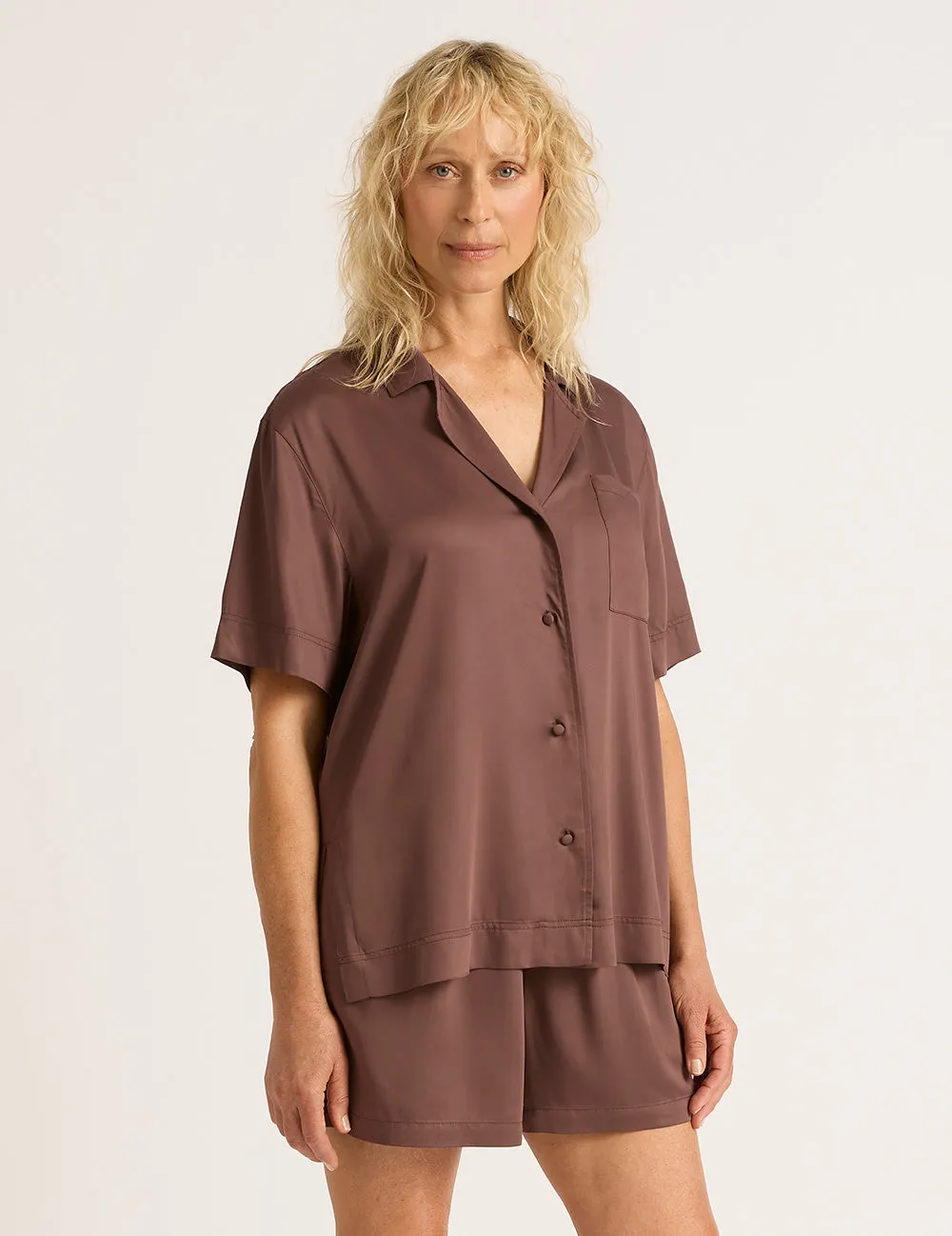 Vegan Silk Short Sleeve Sleep Shirt - Garnet