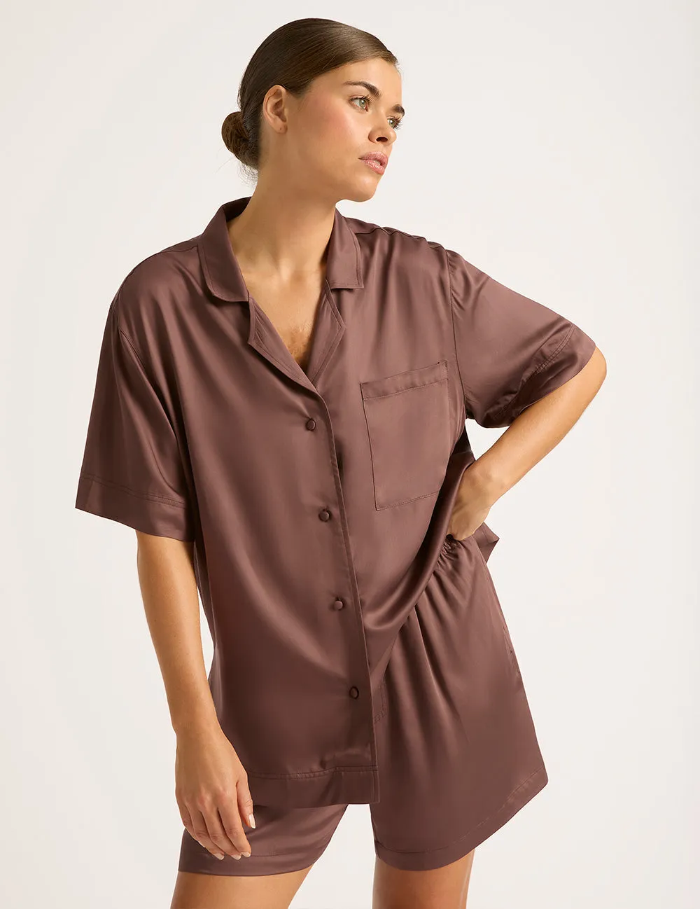 Vegan Silk Short Sleeve Sleep Shirt - Garnet