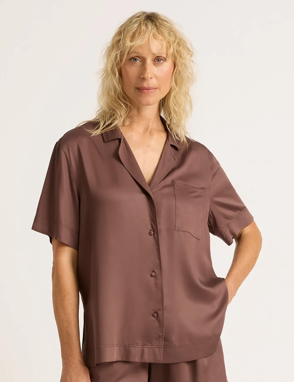 Vegan Silk Short Sleeve Sleep Shirt - Garnet