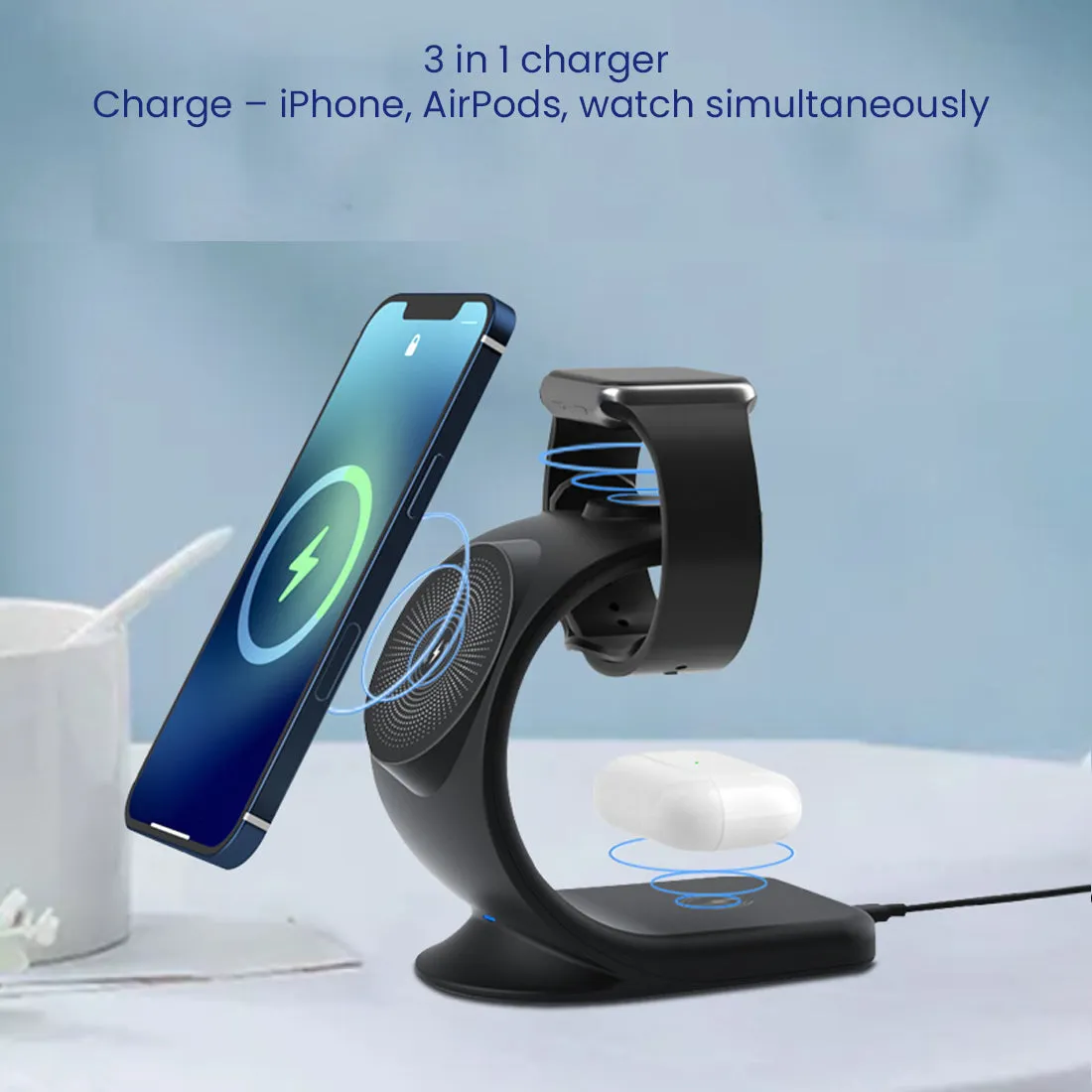 WC360 Magnetic 3-in-1 Wireless Charging Station With 18W QC3.0 Wall Charger included