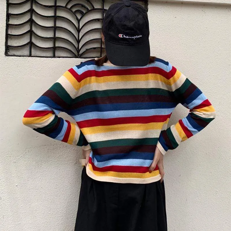 Women's Casual Rainbow Striped Long Sleeved T-shirts