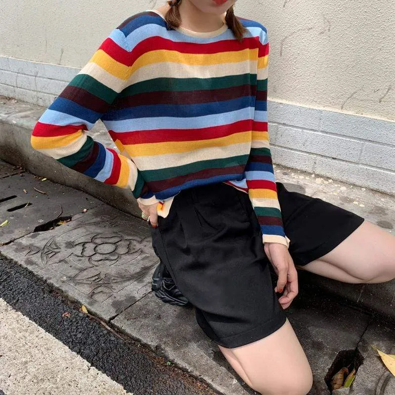 Women's Casual Rainbow Striped Long Sleeved T-shirts