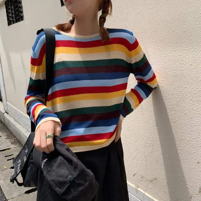 Women's Casual Rainbow Striped Long Sleeved T-shirts