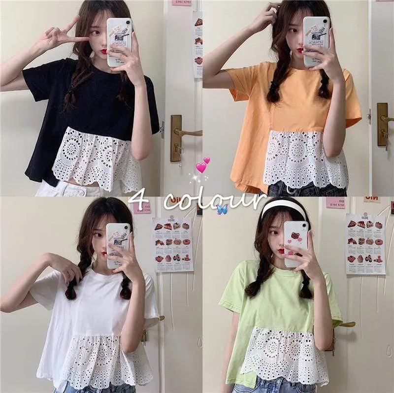 Women's Casual Round Collar Splicing Lace T-shirts