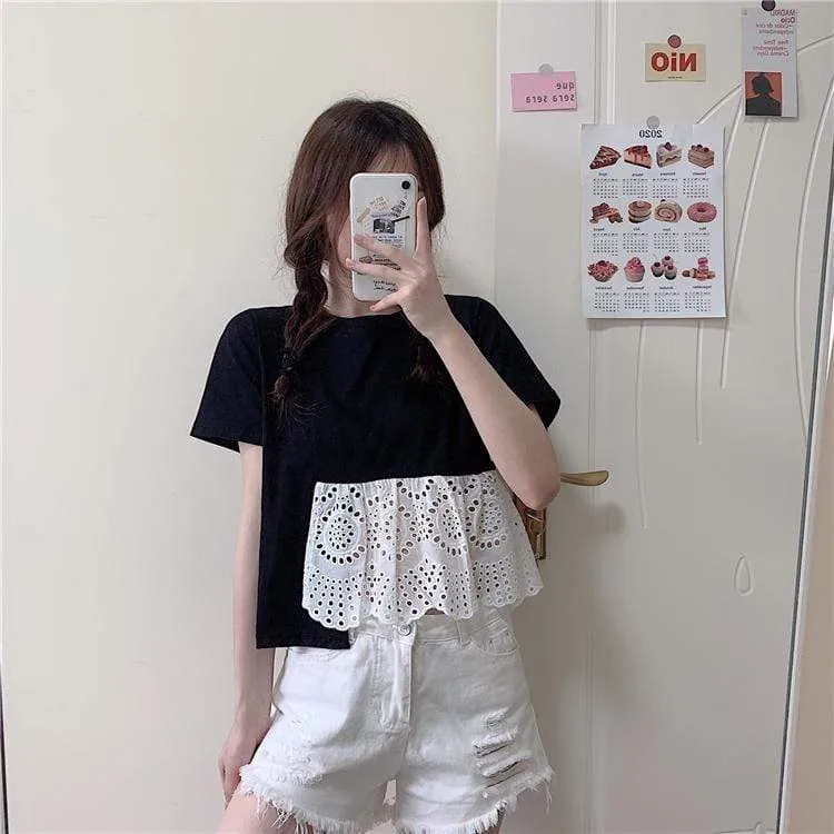 Women's Casual Round Collar Splicing Lace T-shirts