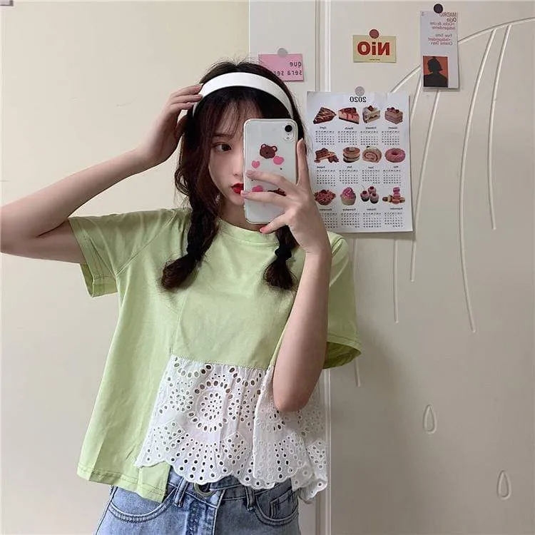 Women's Casual Round Collar Splicing Lace T-shirts