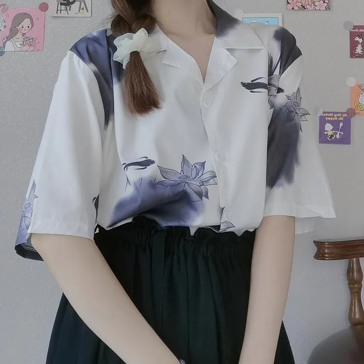 Women's Chinoiserie Ink Printed Chiffon Shirts