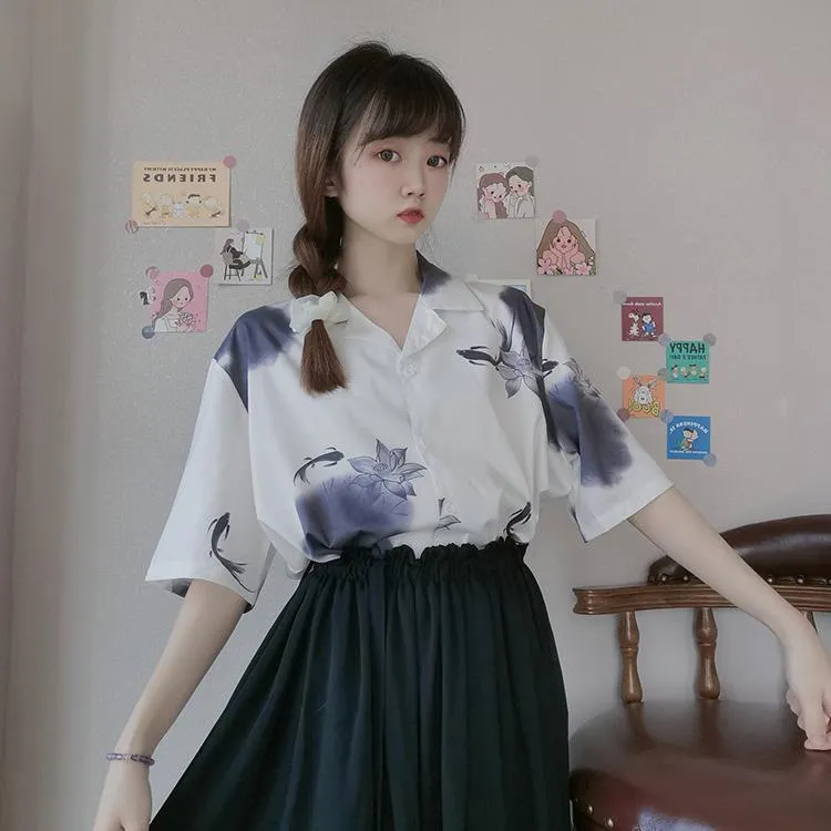 Women's Chinoiserie Ink Printed Chiffon Shirts