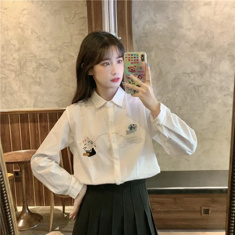 Women's Cute Cartoon Embroidered Long Sleeved Shirts