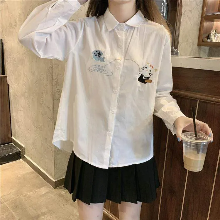 Women's Cute Cartoon Embroidered Long Sleeved Shirts